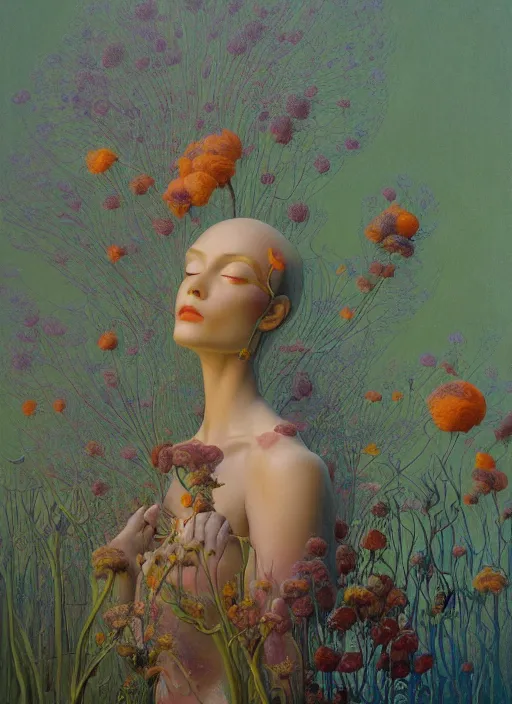 Image similar to a beautiful amazing oil painting of flora addict by zdzisław beksinski, jean delville, edmund dulac, jean giraud, ellen jewett, trending on artstation, ray tracing, featured on behance, vision of chaos, octane render