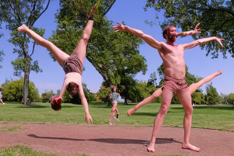 Image similar to a real-life Vitruvian Man doing cartwheels at the park, 8k resolution, ultrarealistic