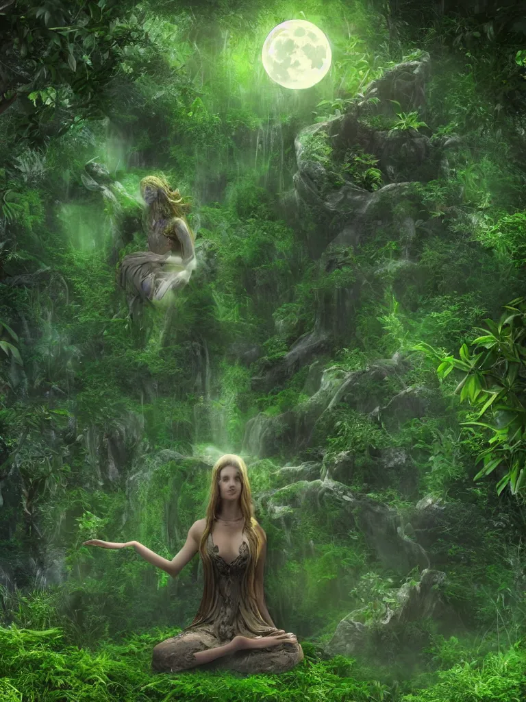 Image similar to an ancient mystical alluring female witch generating flowing energy and surrounded by wisps of green magic sits meditating in a magical overgrown garden temple, large full moon in sky, 3 d, cinema 4 d render, trending on artstation