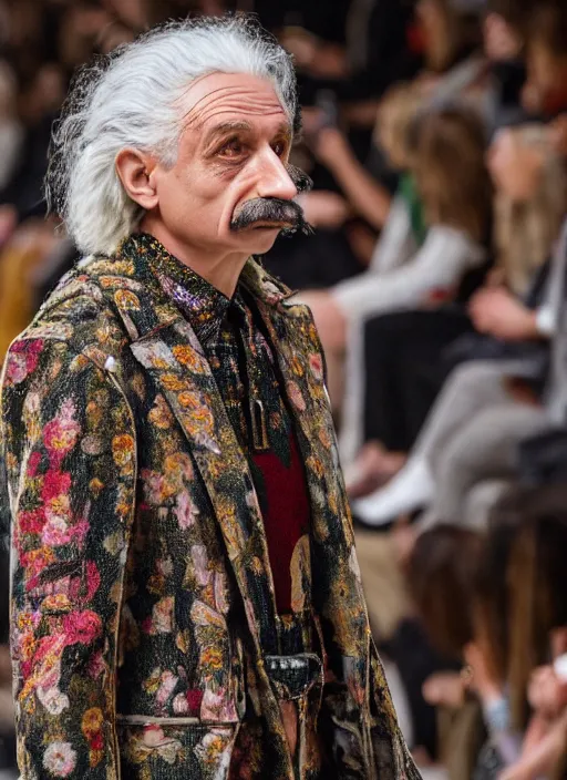 Image similar to hyperrealistic and heavy detailed gucci runway show of albert einstein, leica sl 2 5 0 mm, vivid color, high quality, high textured, real life