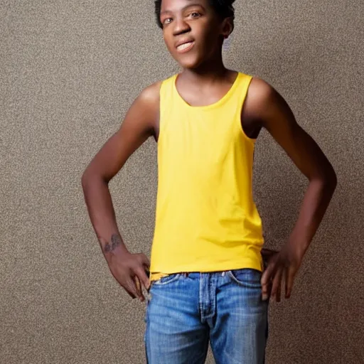 Image similar to black teenage boy wearing a white tank top, standing in a room with yellow walls and brown carpet