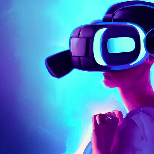 Prompt: digital art of a woman playing with a vr headset in a cyan and purple lit room greg rutkowski style