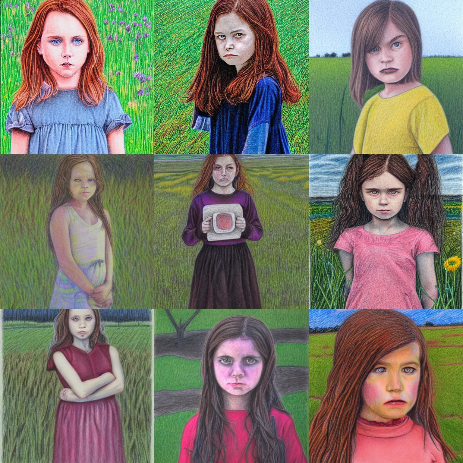 Prompt: portrait colored pencil drawing of sinister girl standing in field looking at camera.