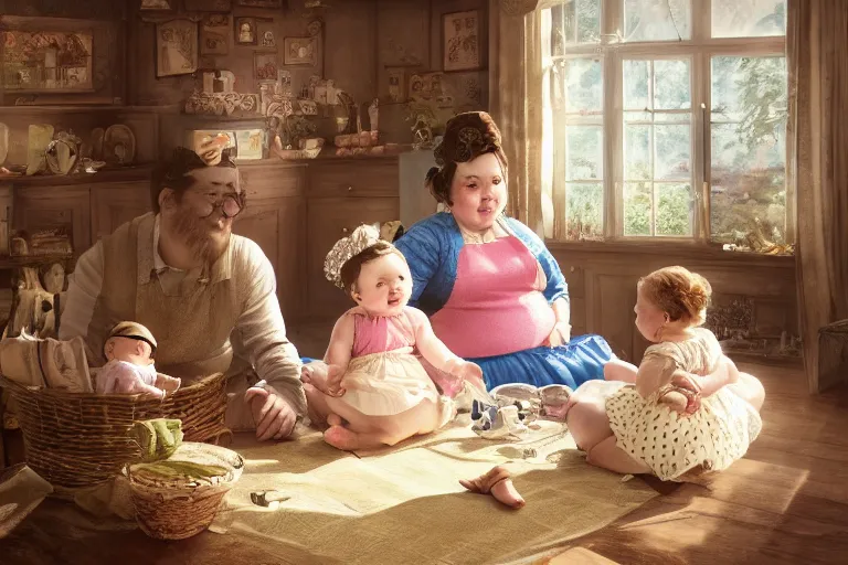 Prompt: charming and chubby parents and their very fat baby girl, wearing a polka dot cloths and a victorian - style hairdo, sits in the large and bright studio. sunlight enters through the barred window. watercolor and pen painting. beautiful lighting, 4 k post - processing, highly detailed, 5 k extremely detailed, 3 d. cinematic scene.