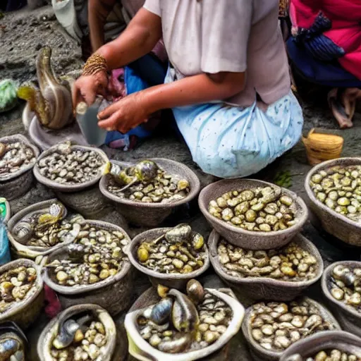 Image similar to live snails being sold at a bazaar