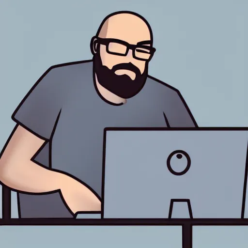 Prompt: photo of a slim, bald, middle aged man with a beard and sleeve tattoos, he is sitting at a desk with a pc in a darkened room, atmospheric, dim lighting, glowing screen, illustration, medium distance, office cubicles