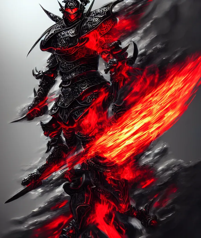 Prompt: a detailed manga character illustration of a dark warrior in black plated armour surrounded by red flames, trending on artstation, digital art, 4 k resolution, detailed, octane render, high quality, sharp focus, hq artwork, insane detail, concept art, character concept, character illustration, full body illustration