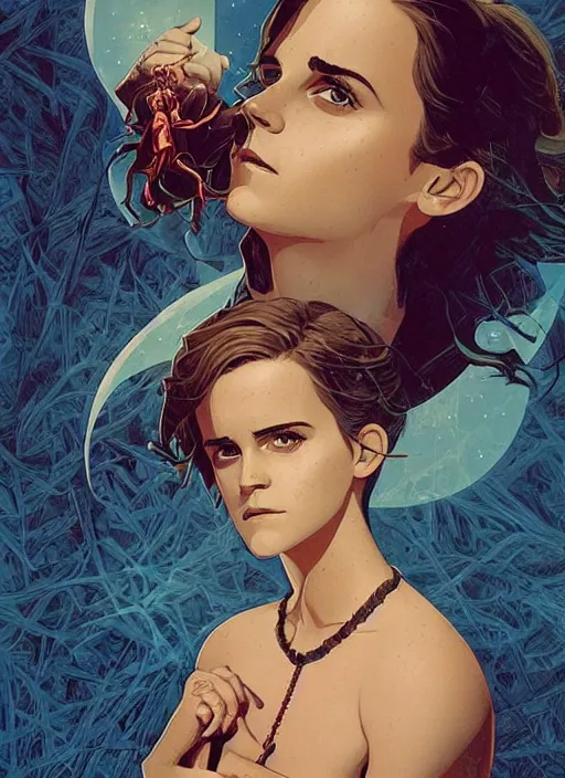 Image similar to poster artwork by Michael Whelan and Tomer Hanuka, Karol Bak of religious Emma Watson wearing cross necklace, on knees swinging all her might into the ground, from scene from Twin Peaks, clean