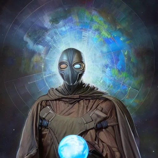 Image similar to masked nomad male wearing a cloak on an alien world and holding a holographic planet projection in his hand, detailed, sci - fi, digital painting, artstation, sharp focus, illustration, ominous, artgerm, tomasz alen kopera, peter mohrbacher, donato giancola, joseph christian leyendecker, wlop, frank frazetta