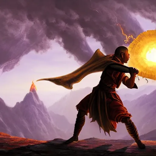 Image similar to a fantasy matte painting of a dnd monk fighting a creature, detailed, realism dnd,