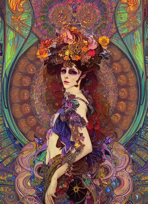 Image similar to realistic detailed psychedelic poster art of a cute steampunk android fractal Día de los Muertos girl dancing by Victor Moscoso Rick Griffin Alphonse Mucha Ayami Kojima Amano Charlie Bowater, masterpiece