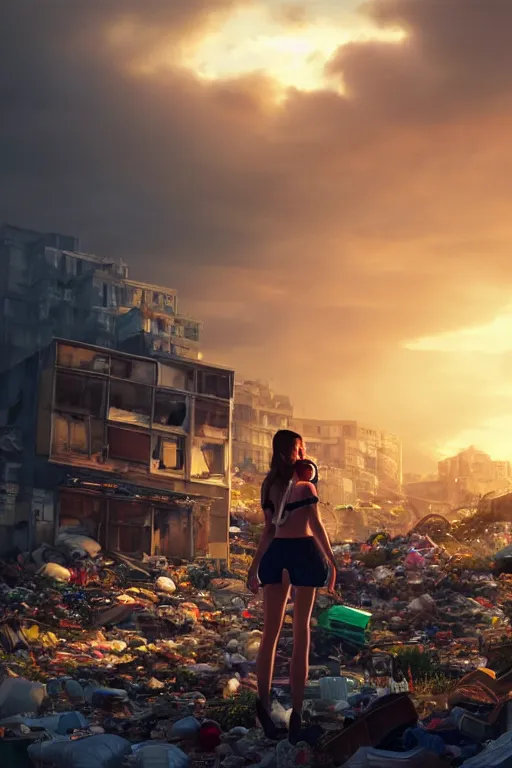 Image similar to wide photo of young woman in mini short with backpack looking at food at garbage dump, destroyed cars, city is pure wasteland, moody sunset background, rays of sunlights, ( ( ( rainbow ) ) ), high details, sharp, photorealism, greg rutkowski, artgerm, unreal engine, highly detailed