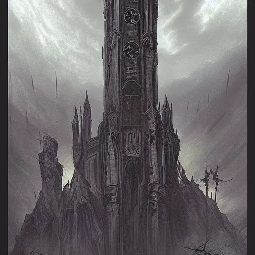 Image similar to an ultra detailed tarot card of a lonely and impossibly tall ominous gothic dark citadel tower of the evil patriarch, in the style of magic the gathering, in a river elevated high above the city, gaslight fantasy capital city, ultrawide lense, aerial photography, scary thunderstorm, exquisite detail, 8 k, art by greg rutkowski and alphonse mucha