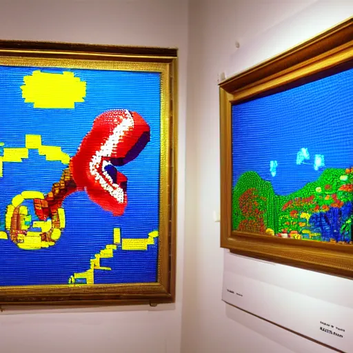 Image similar to An art gallery full of pixel paintings, pixelart