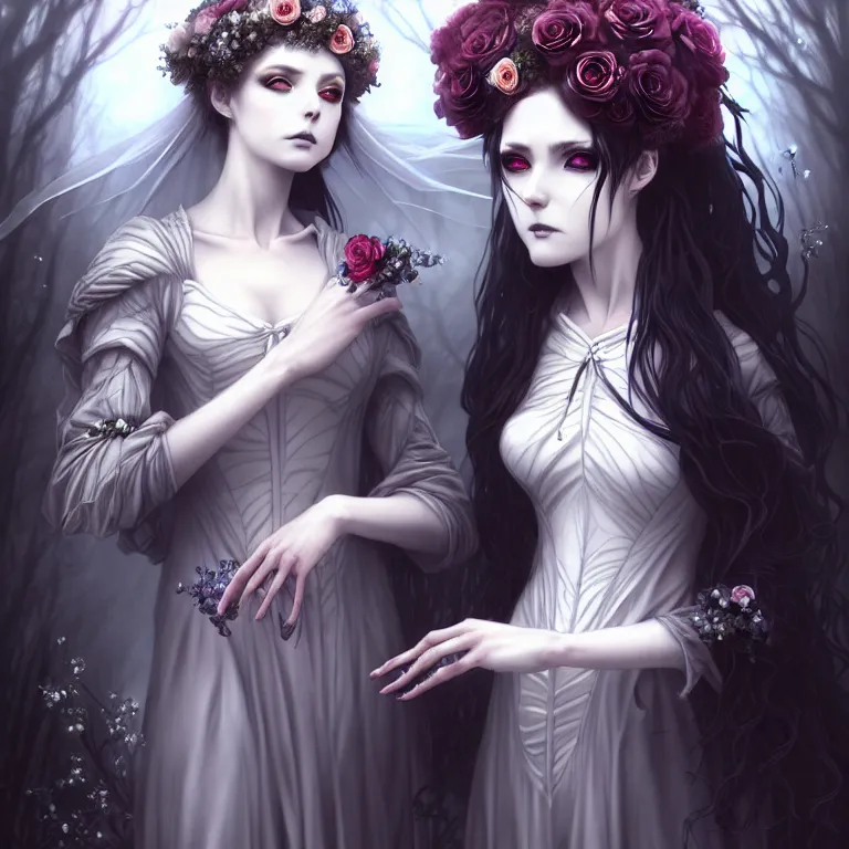 Image similar to stunning anime bride and groom hybrid of the floral river flowers, beautiful gothic dress in a dark romance, misty, by cgsociety, in the style of charlie bowater, tom bagshaw, intricate, beautiful, artstation 8 k, high resolutionsparkling atom fractals of jewls cords, by alex grey and hr giger
