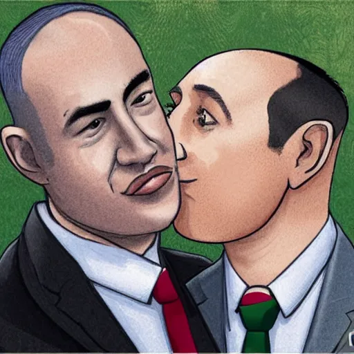 Prompt: benjamin netanyahu kissing naftali bennet, realistic, detailed