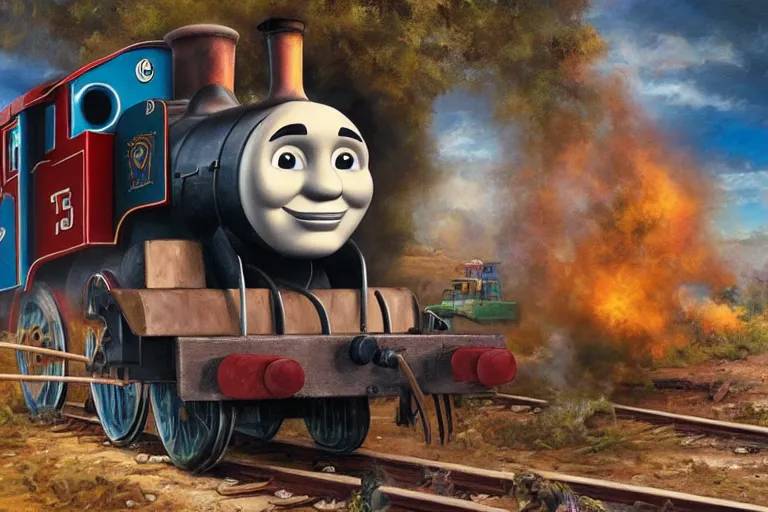 Prompt: danny trejo with a machete on the train tracks withthomas the tank engine, an oil painting by ross tran and thomas kincade