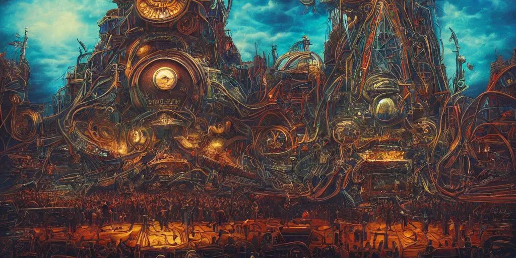 Prompt: tomorrowland in the style of a mastodon album cover, highly detailed, intricate, industrial art style, digital painting, artstation, 3 5 mm film grain