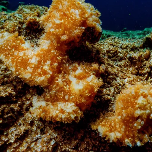 Prompt: underwater photo of breaded scampi on the seafloor zenith view,