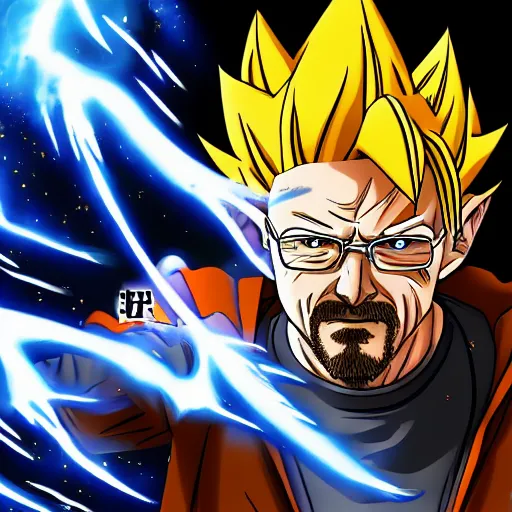 Prompt: walter white vs goku, realistic, hd, wallpaper, highly detailed, trending on pixiv.