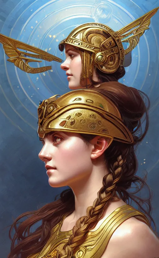 Image similar to portrait of the goddess athena, greek mythology, intricate, headshot, highly detailed, digital painting, artstation, concept art, sharp focus, cinematic lighting, illustration, art by artgerm and greg rutkowski, alphonse mucha, cgsociety