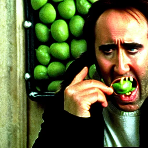 Prompt: nicolas cage drowning mouth full of peas, movie still, the wicker man