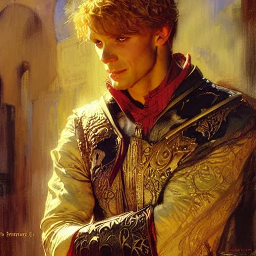 Image similar to handsome arthur pendragon in love with handsome merlin the mage. highly detailed painting by gaston bussiere, craig mullins, j. c. leyendecker