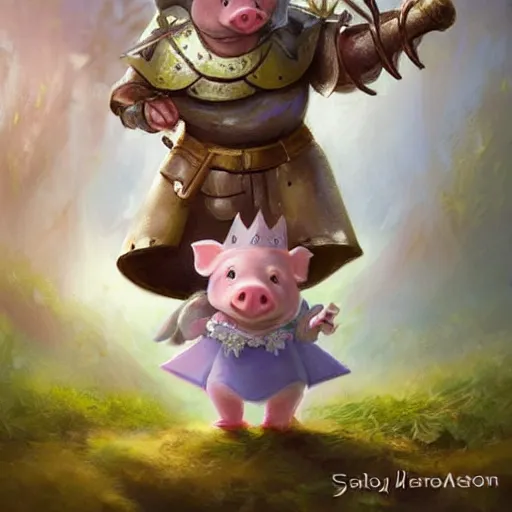 Prompt: cute little cartoonish anthropomorphic piglet knight princess wearing a cape and a crown, fantasy forest, pale blue armor, cute and adorable, pretty, DnD character art portrait, matte fantasy painting, DeviantArt Artstation, by Jason Felix by Steve Argyle by Tyler Jacobson by Peter Mohrbacher, cinematic lighting