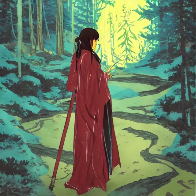 Prompt: the lone priestess of the bluewood valley. this gouache painting by the award - winning mangaka has interesting color contrasts and impeccable lighting.