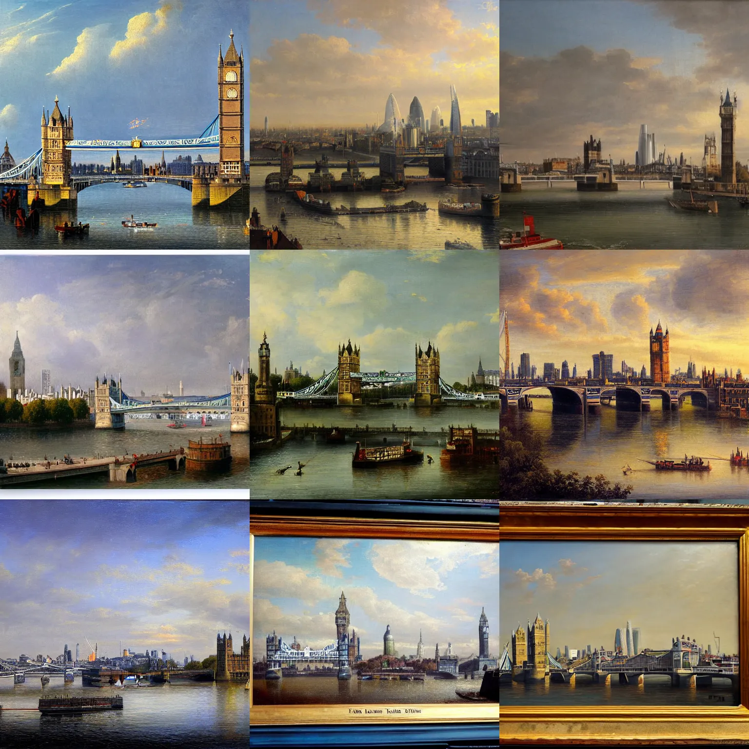Prompt: London skyline including Tower Bridge, painting by Ivan Shishkin