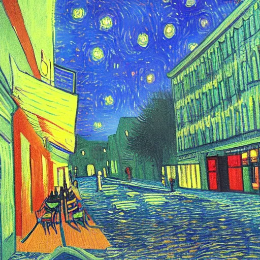 Prompt: painting of the last human on earth watching annalien invasion descending onto a city, in the style of Vincent Van Gogh and Edward Hopper