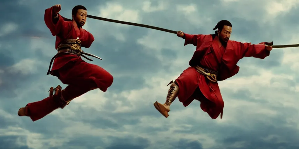 Image similar to a film still of a light skinned black man starring as an ancient samurai flying doing a flying kick, japanese blockbuster film, the sky is red, shallow depth of field, cinematic, award winning cgi, vfx, film still