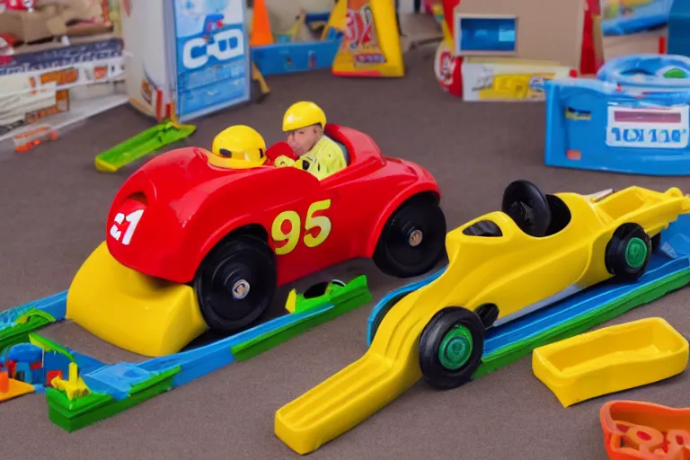 Image similar to fisher price race car through suburban mountains, construction in the distance Scene from TV show 85mm