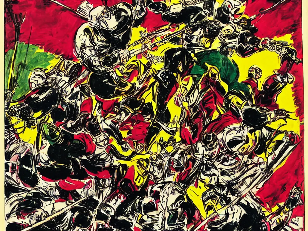 Image similar to an expressive and epic comic book cover of a humanoid black chess pawn impaling a humanoid white chess king on his spear. art by jack kirby.