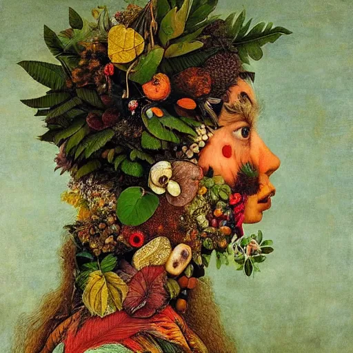 Image similar to a beautiful profile portrait of a beautiful female, leaves, by giuseppe arcimboldo,, psychedelic, surreal, dreamlike, environmental friendly, nature.