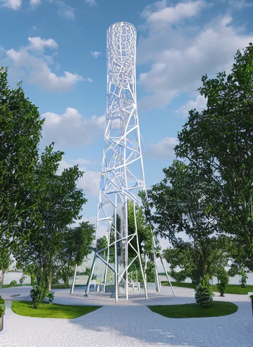 Image similar to highly detailed realistic architecture 3 d render of a stele shukhov tower standing in a city park, archdaily, made in unreal engine 4 octane render