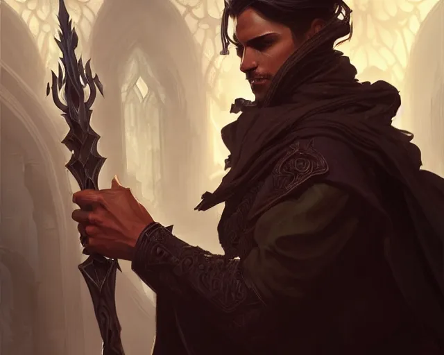 Prompt: shadow mage male acolyte, deep focus, d & d, fantasy, intricate, elegant, highly detailed, digital painting, artstation, concept art, matte, sharp focus, illustration, hearthstone, art by artgerm and greg rutkowski and alphonse mucha