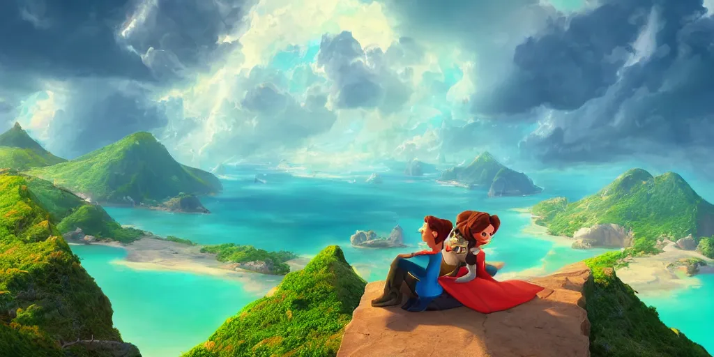 Image similar to a beautiful couple sitting on a cloud in the sky above emerald lagoon of Sint-Marteen, mattepainting concept Blizzard pixar maya engine on stylized background global illumination lighting artstation in the style of The Road to El Dorado