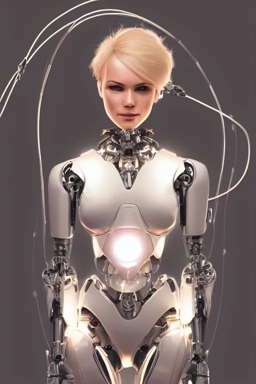 Image similar to a beautiful woman with blonde hair wearing robot suit with wires and light, highly detailed, photorealistic, artstation, smooth