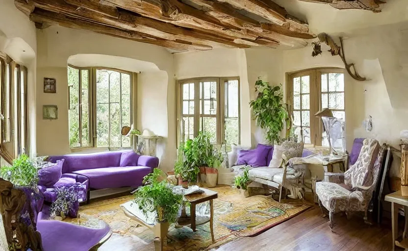 Image similar to Art Nouveau living room interior, cottage style, rustic wooden beams, couch, lavender plants, beige, light yellow, large windows, view of green trees, warm