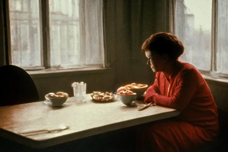 Image similar to soviet movie still a soviet woman sitting at a table next to the window with food, dark warm light, a character portrait by margarita terekhova, movie stalker solaris film still by andrei tarkovsky, 8 k, 1 9 8 4, close - up bokeh, gelios lens, color, noir