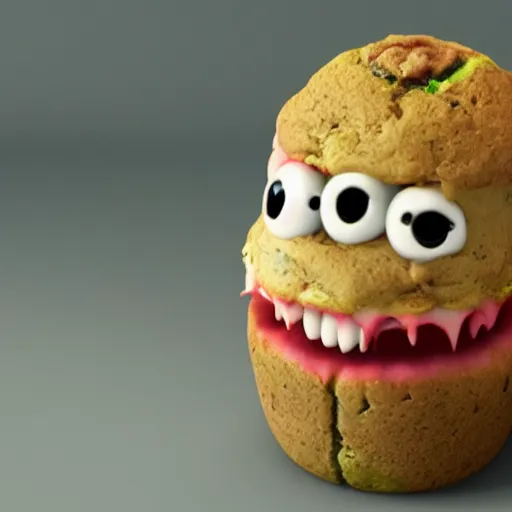 Image similar to a film still of a horror movie featuring a muffin monster, spooky, 3 d render, award - winning, eerie, 4 k, blender, trending on unreal engine