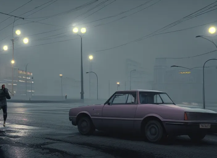 Image similar to hyperrealistic matte painting of screenshot gta in moscow, fine details, rain, people adidas tracksuit, rtx reflections, soviet suburbs, paneled buidlings, fog, night, photorealistic, unreal engine, octane render, volumetric light, action movieб 4 k, 5 0 mm bokeh, russian lada car, by greg rutkowski, artstation