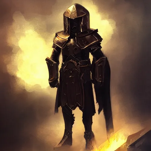 Prompt: armored priest with dark armor and a full helmet, by greg rutkowski, in the style of magic the gathering