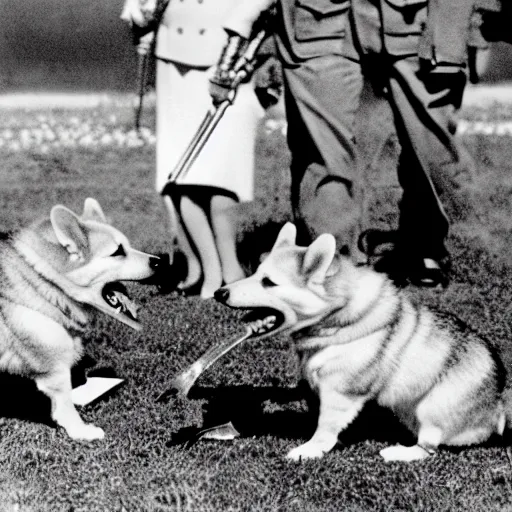 Image similar to historical photo of queen elizabeth and her corgis defeating hitler in battle, natural sunlight, sharp focus, highly detailed, depth of field