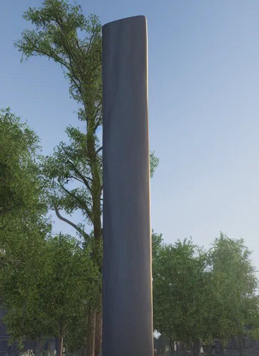 Image similar to highly detailed architecture render of a huge futuristic metallic stele standing in city park, archdaily, made in unreal engine 4
