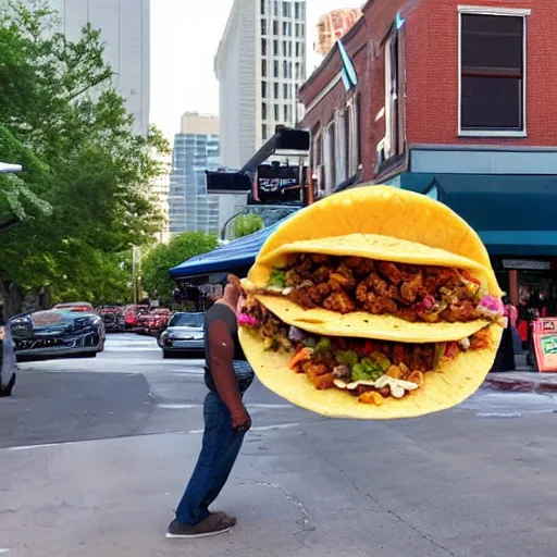 Image similar to a taco monster the size of a car causing chaos downtown