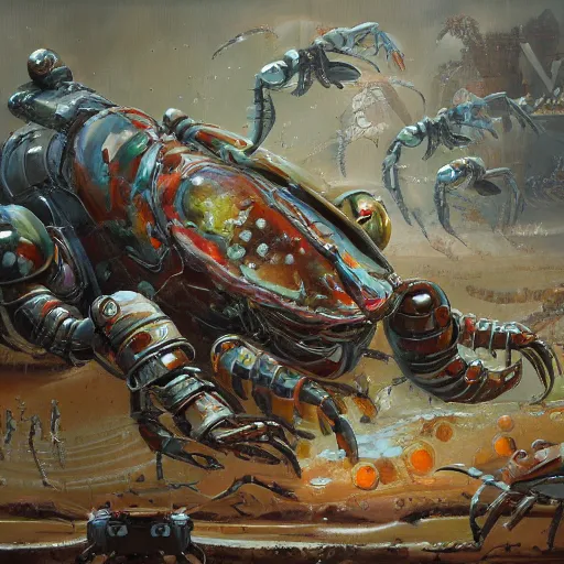 Prompt: robot crustacean, programming languages, oil on canvas by greg rutkowski and roberto matta