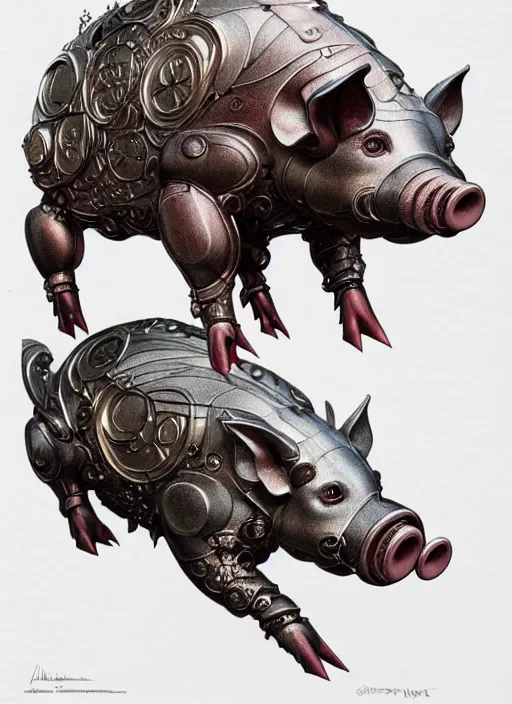 Image similar to robotic pig, d & d, wet, shiny, fantasy, intricate, elegant, extremely higly detailed, ultra definition, digital painting, artstation, anatomical perfection, baroque, one object, concept art, smooth, sharp focus, illustration, art by artgerm and greg rutkowski and alphonse mucha