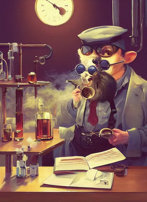 Image similar to oil painting of a cute pet rat dressed as an english professor smoking a pipe, giving a lecture in a university chemistry lab, digital art, artstation, fantasy, cinematic, golden hour fine details by realistic shaded lighting poster by ilya kuvshinov katsuhiro otomo, magali villeneuve, artgerm, jeremy lipkin and michael garmash and rob rey, cartoon